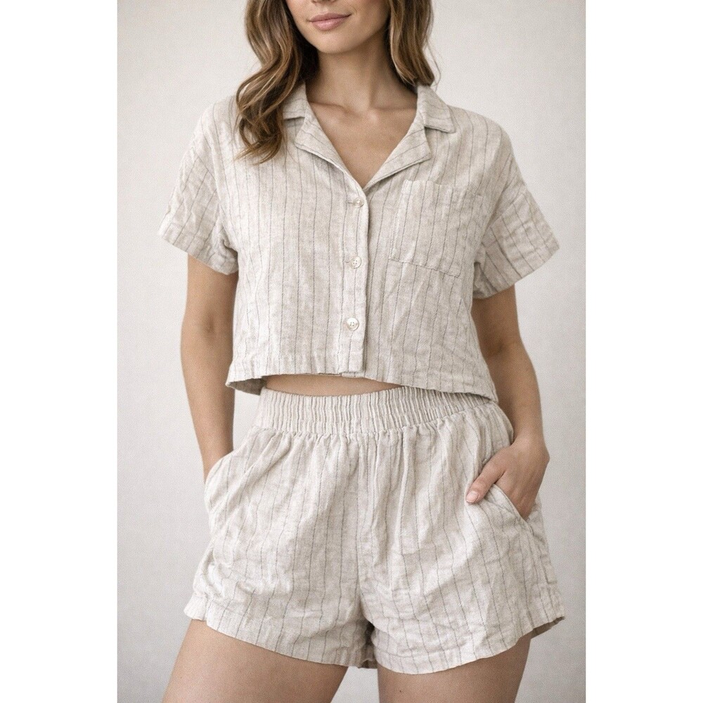 Fashion Nova Linen Crop Top/Shorts Set Size M Beige Pinstripe Button Top Lounge